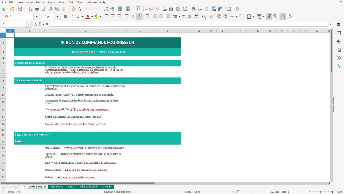 Capture d'écran 1 : Feuille Mode d'emploi - Modèle Excel Bon de commande fournisseur Excel - Modèle Gratuit (2026)