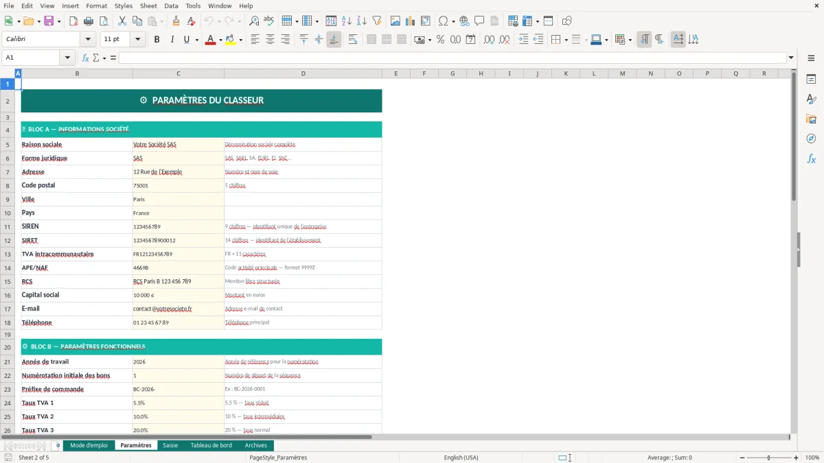 Capture d'écran 2 : Feuille Paramètres - Modèle Excel Bon de commande fournisseur Excel - Modèle Gratuit (2026)