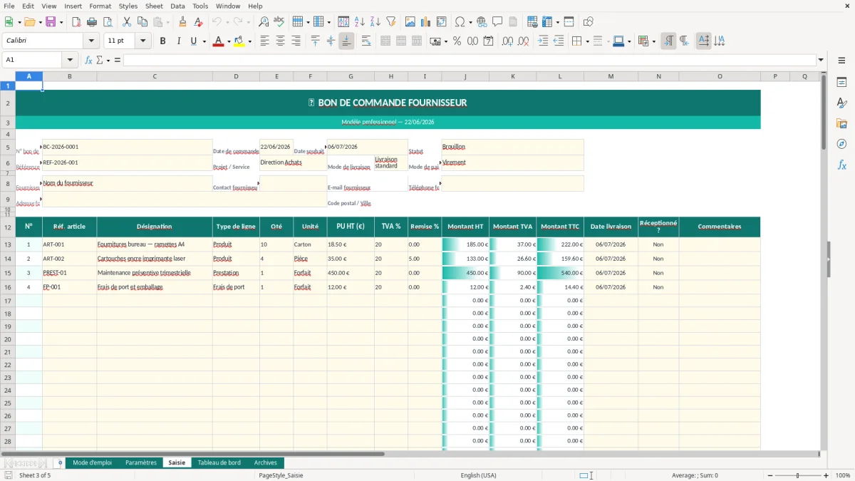Capture d'écran 3 : Feuille Saisie - Modèle Excel Bon de commande fournisseur Excel - Modèle Gratuit (2026)