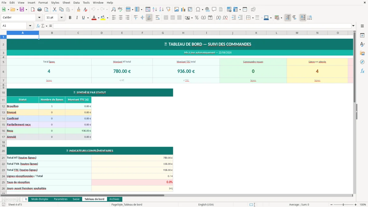 Capture d'écran 4 : Feuille Tableau de bord - Modèle Excel Bon de commande fournisseur Excel - Modèle Gratuit (2026)