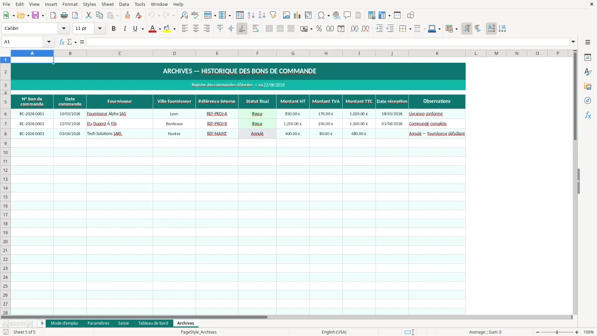 Capture d'écran 5 : Feuille Archives - Modèle Excel Bon de commande fournisseur Excel - Modèle Gratuit (2026)