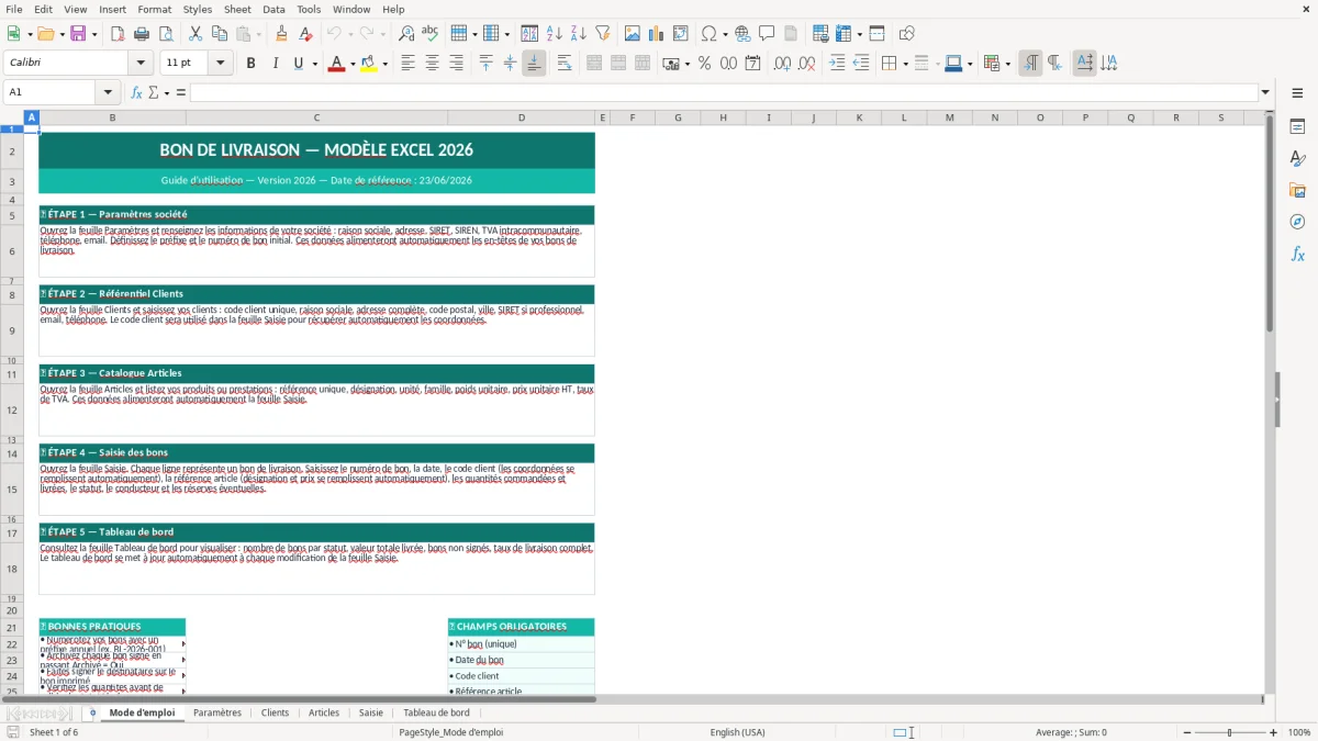 Capture d'écran 1 : Feuille Mode d'emploi - Modèle Excel Bon de livraison Excel - Modèle Gratuit (2026)