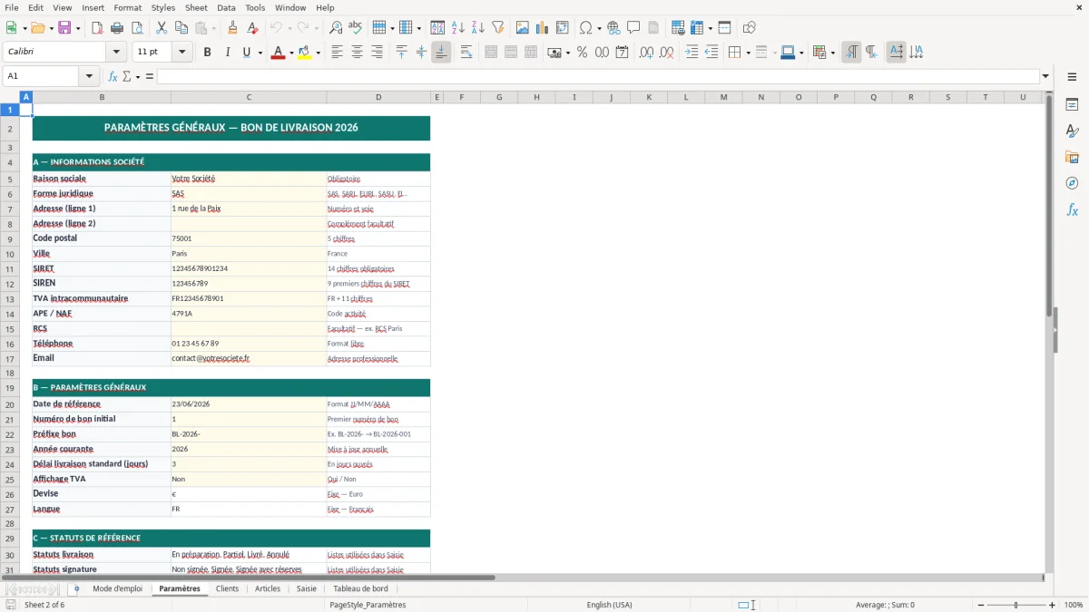 Capture d'écran 2 : Feuille Paramètres - Modèle Excel Bon de livraison Excel - Modèle Gratuit (2026)