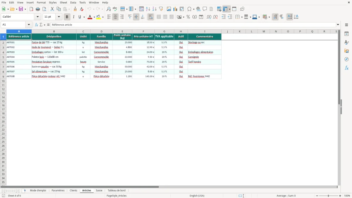 Capture d'écran 4 : Feuille Articles - Modèle Excel Bon de livraison Excel - Modèle Gratuit (2026)