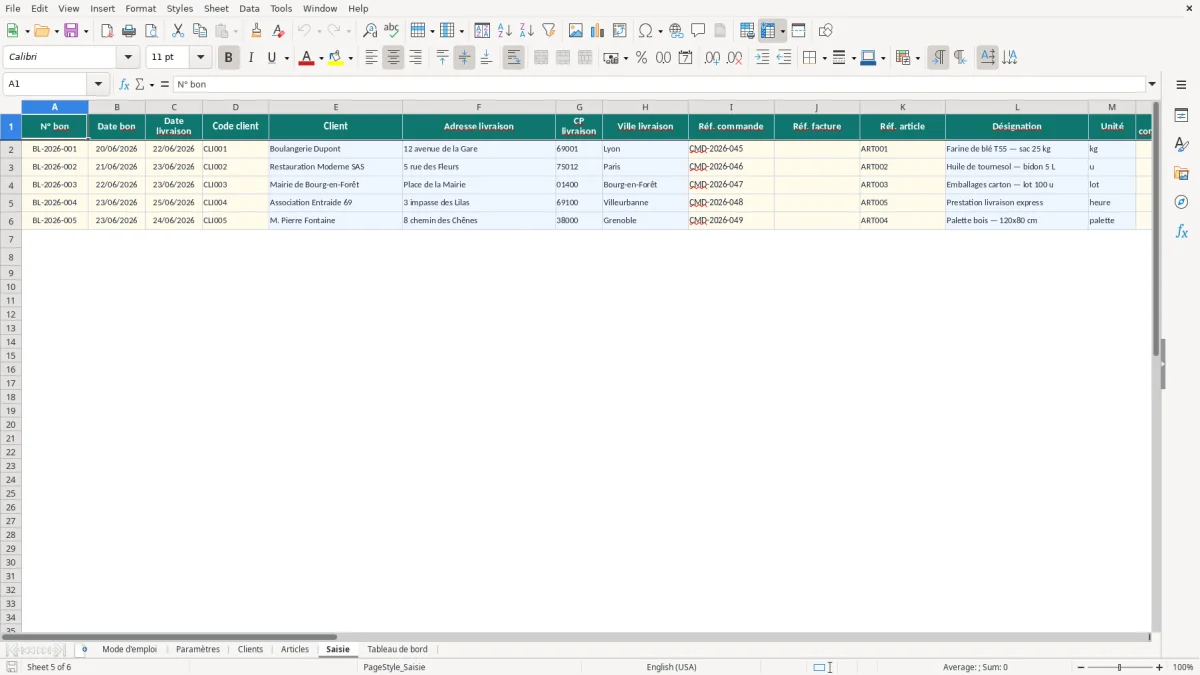 Capture d'écran 5 : Feuille Saisie - Modèle Excel Bon de livraison Excel - Modèle Gratuit (2026)