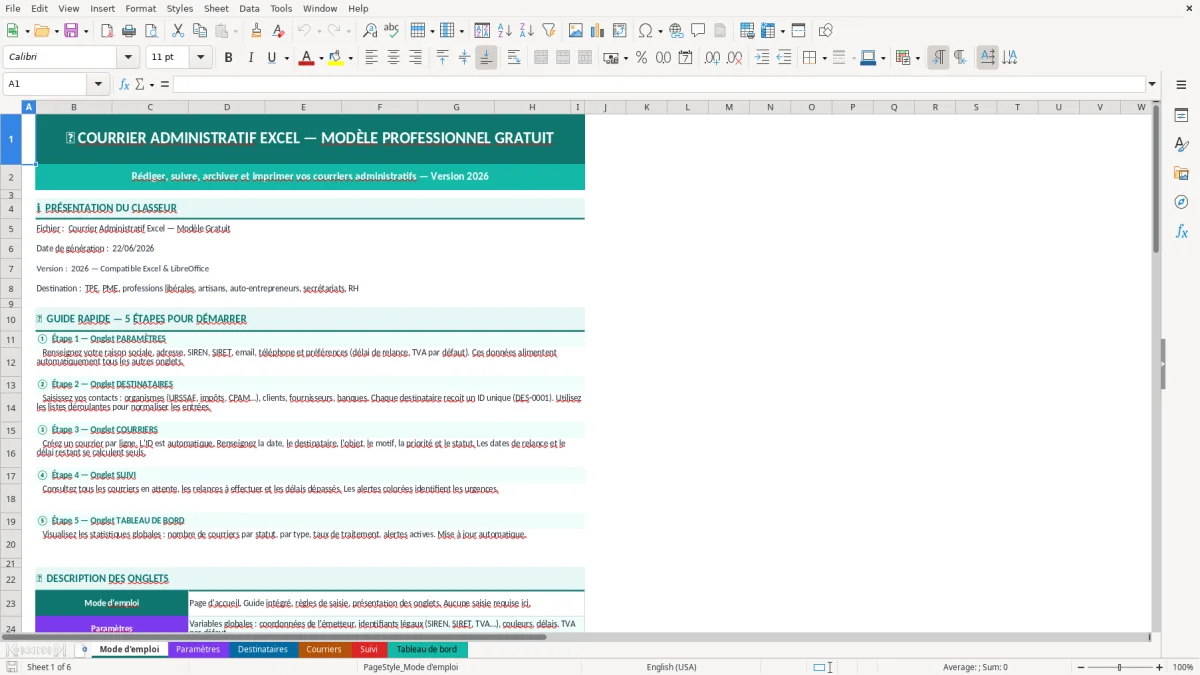 Capture d'écran 1 : Feuille Mode d'emploi - Modèle Excel Courrier administratif Excel - Modèle Gratuit (2026)
