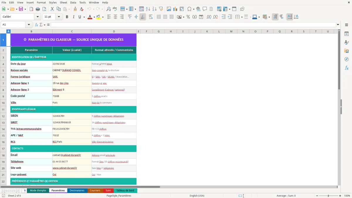 Capture d'écran 2 : Feuille Paramètres - Modèle Excel Courrier administratif Excel - Modèle Gratuit (2026)