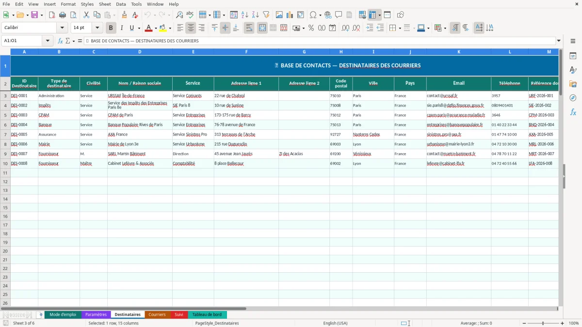 Capture d'écran 3 : Feuille Destinataires - Modèle Excel Courrier administratif Excel - Modèle Gratuit (2026)