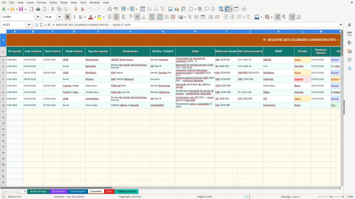 Capture d'écran 4 : Feuille Courriers - Modèle Excel Courrier administratif Excel - Modèle Gratuit (2026)