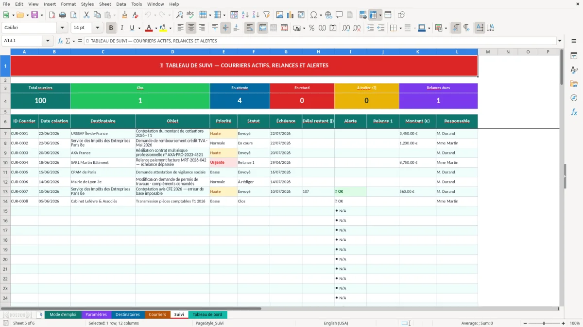 Capture d'écran 5 : Feuille Suivi - Modèle Excel Courrier administratif Excel - Modèle Gratuit (2026)