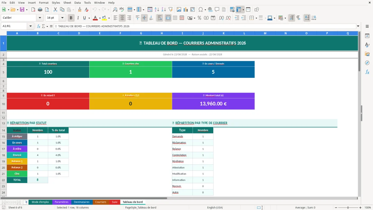Capture d'écran 6 : Feuille Tableau de bord - Modèle Excel Courrier administratif Excel - Modèle Gratuit (2026)