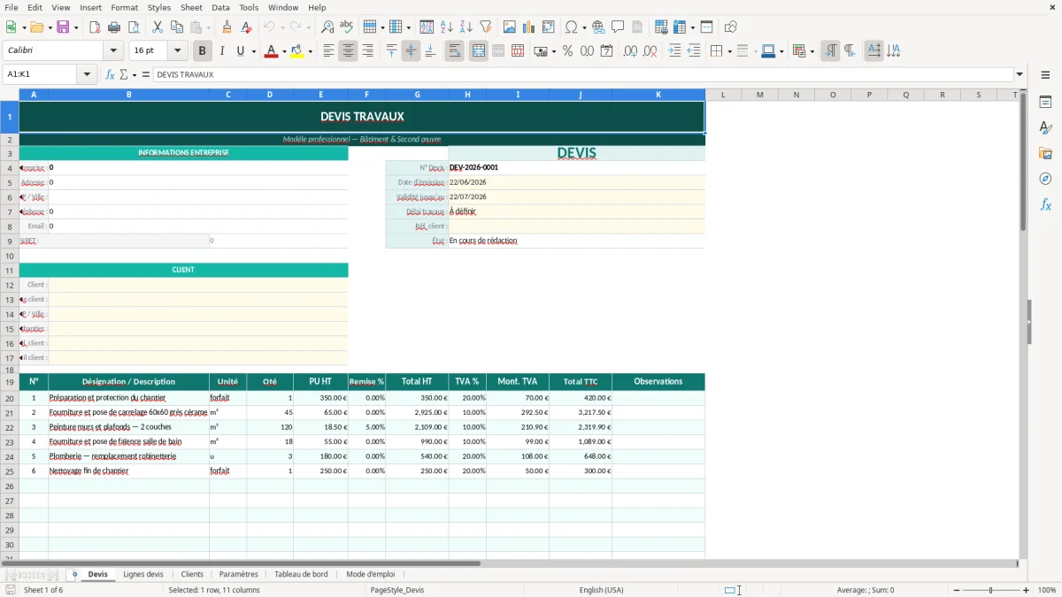 Capture d'écran 1 : Feuille Devis - Modèle Excel Devis travaux Excel - Modèle Gratuit (2026)