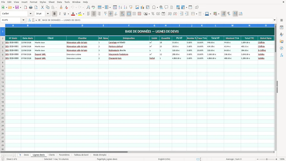 Capture d'écran 2 : Feuille Lignes devis - Modèle Excel Devis travaux Excel - Modèle Gratuit (2026)