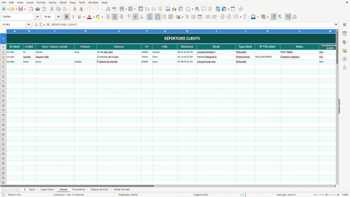 Capture d'écran 3 : Feuille Clients - Modèle Excel Devis travaux Excel - Modèle Gratuit (2026)