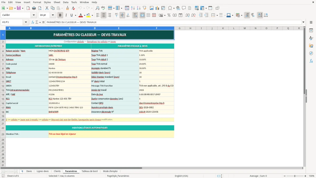 Capture d'écran 4 : Feuille Paramètres - Modèle Excel Devis travaux Excel - Modèle Gratuit (2026)