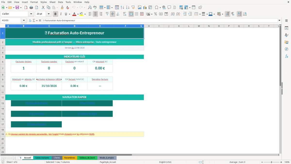 Capture d'écran 1 : Feuille Accueil - Modèle Excel Facture auto-entrepreneur Excel - Modèle Gratuit (2026)