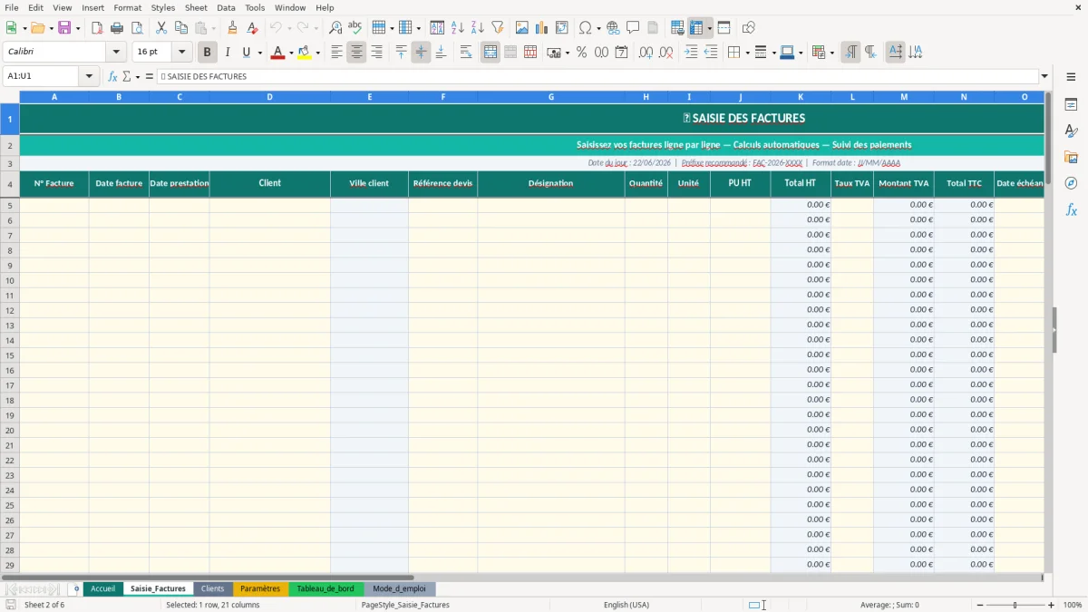 Capture d'écran 2 : Feuille Saisie_Factures - Modèle Excel Facture auto-entrepreneur Excel - Modèle Gratuit (2026)