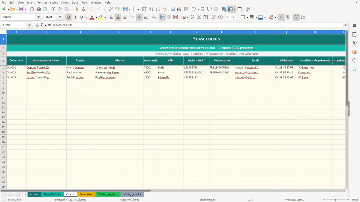 Capture d'écran 3 : Feuille Clients - Modèle Excel Facture auto-entrepreneur Excel - Modèle Gratuit (2026)