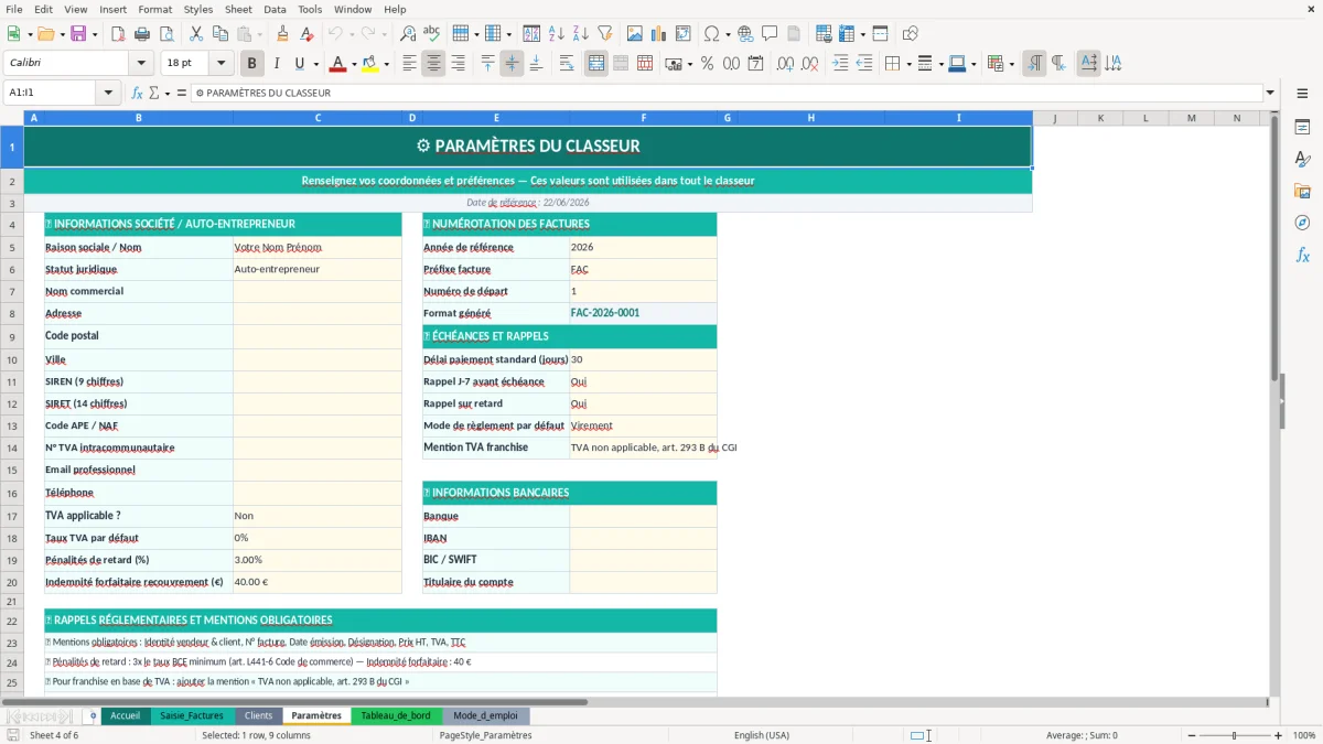 Capture d'écran 4 : Feuille Paramètres - Modèle Excel Facture auto-entrepreneur Excel - Modèle Gratuit (2026)