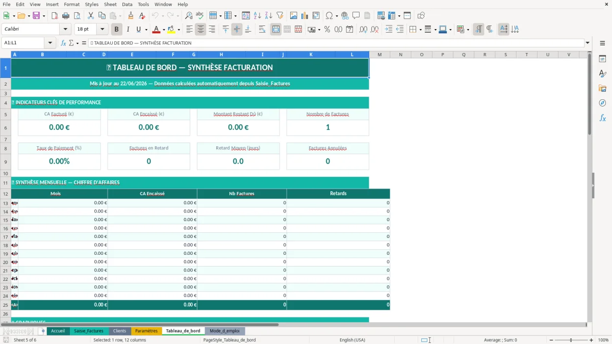 Capture d'écran 5 : Feuille Tableau_de_bord - Modèle Excel Facture auto-entrepreneur Excel - Modèle Gratuit (2026)