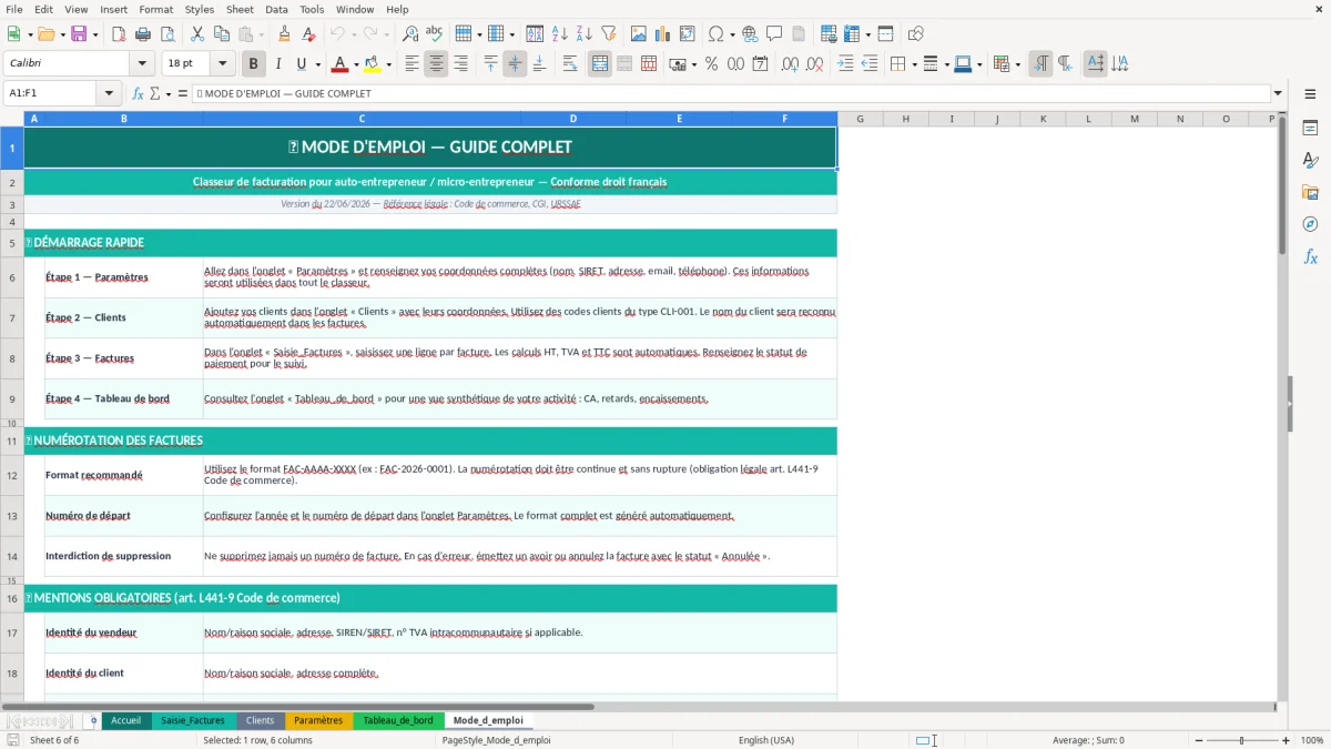 Capture d'écran 6 : Feuille Mode_d_emploi - Modèle Excel Facture auto-entrepreneur Excel - Modèle Gratuit (2026)