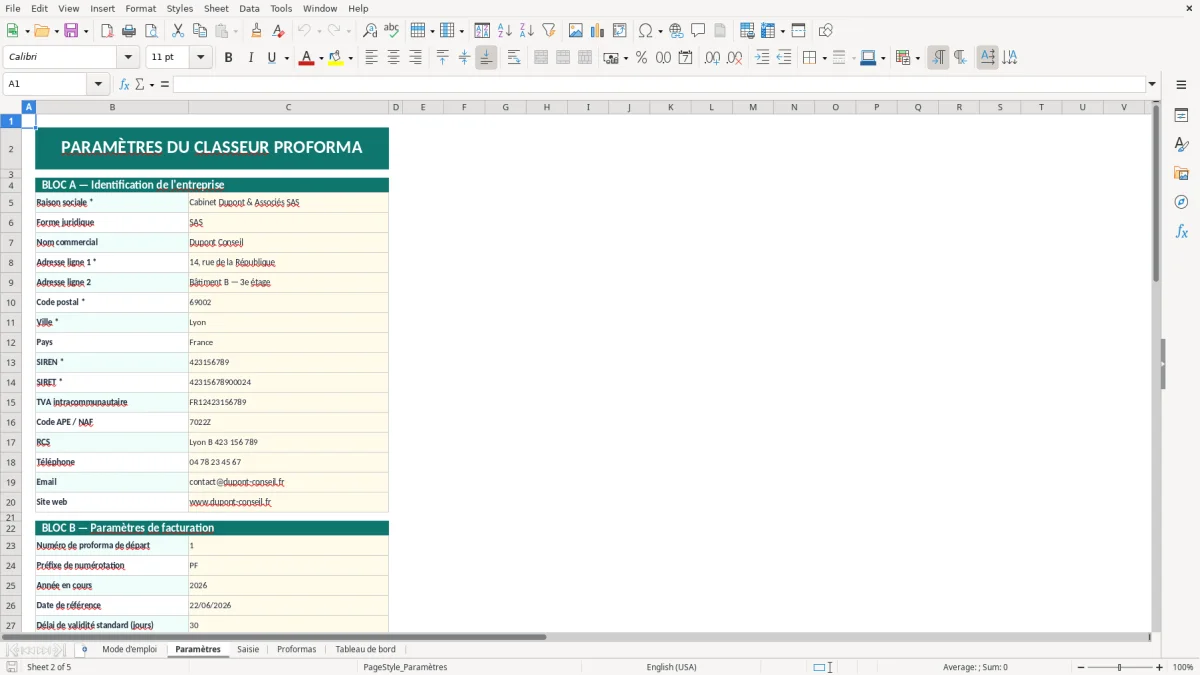 Capture d'écran 2 : Feuille Paramètres - Modèle Excel Facture proforma Excel - Modèle Gratuit (2026)