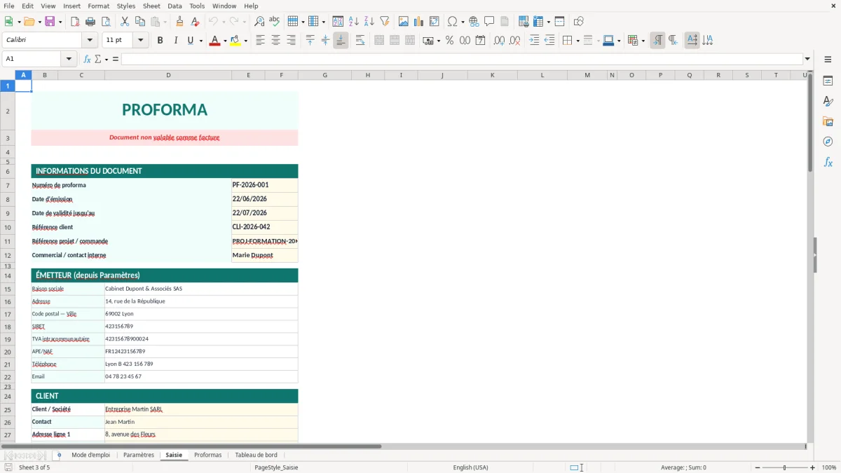 Capture d'écran 3 : Feuille Saisie - Modèle Excel Facture proforma Excel - Modèle Gratuit (2026)