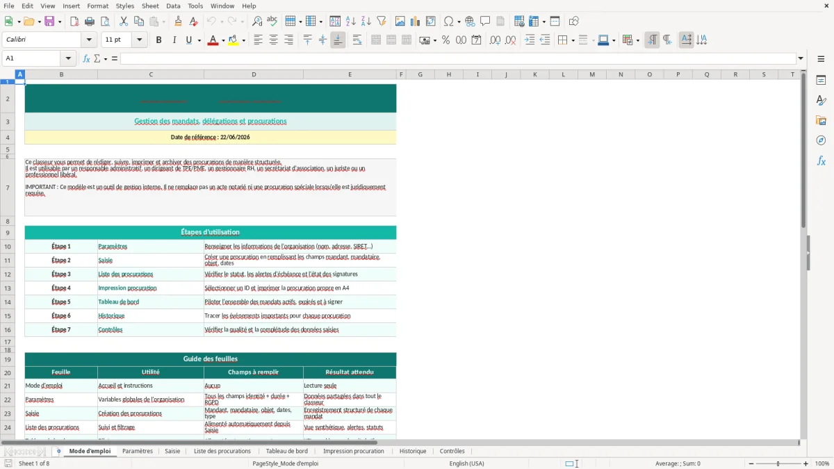 Capture d'écran 1 : Feuille Mode d'emploi - Modèle Excel Procuration Excel - Modèle Gratuit (2026)