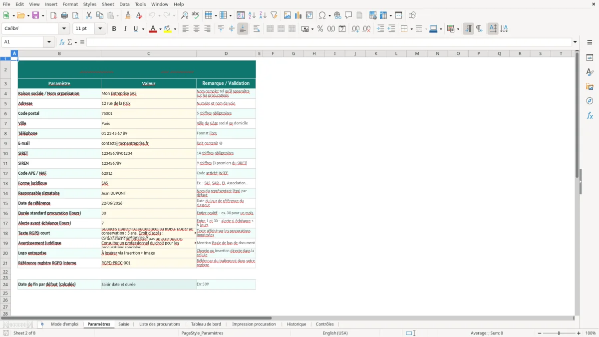 Capture d'écran 2 : Feuille Paramètres - Modèle Excel Procuration Excel - Modèle Gratuit (2026)