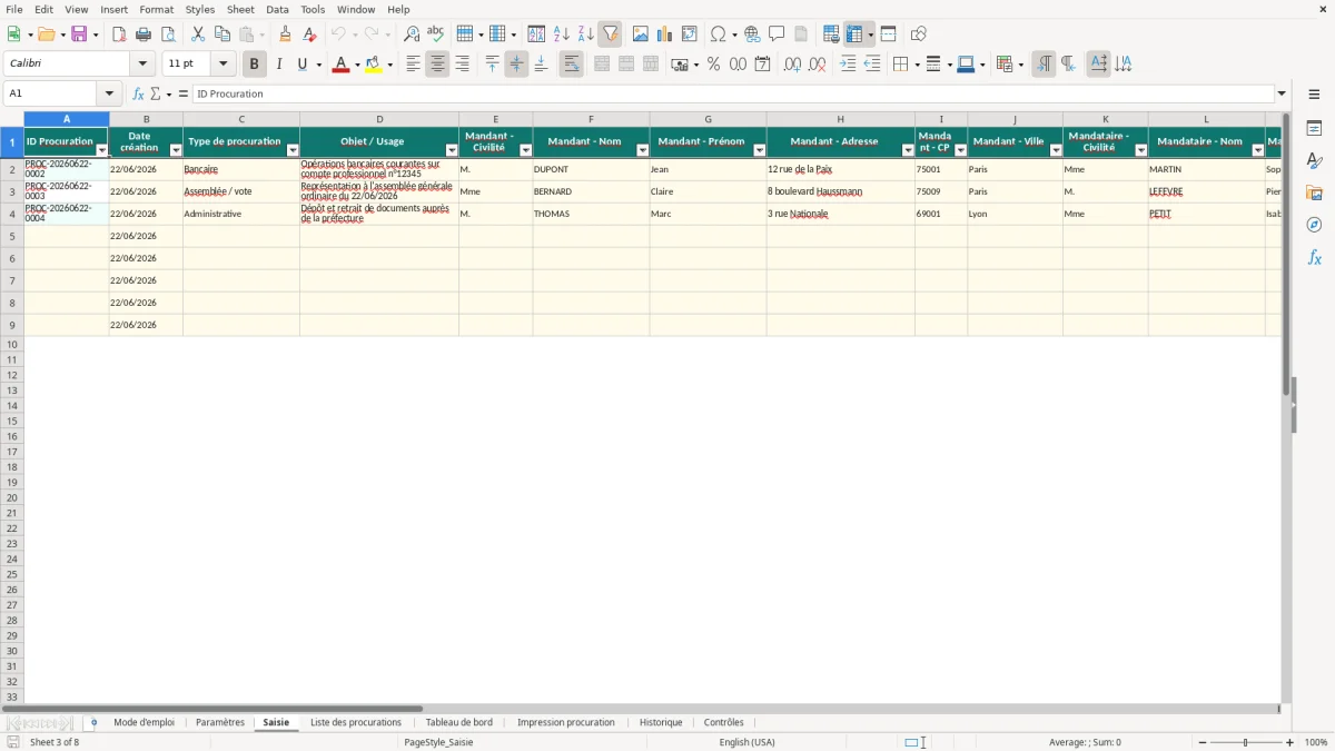 Capture d'écran 3 : Feuille Saisie - Modèle Excel Procuration Excel - Modèle Gratuit (2026)