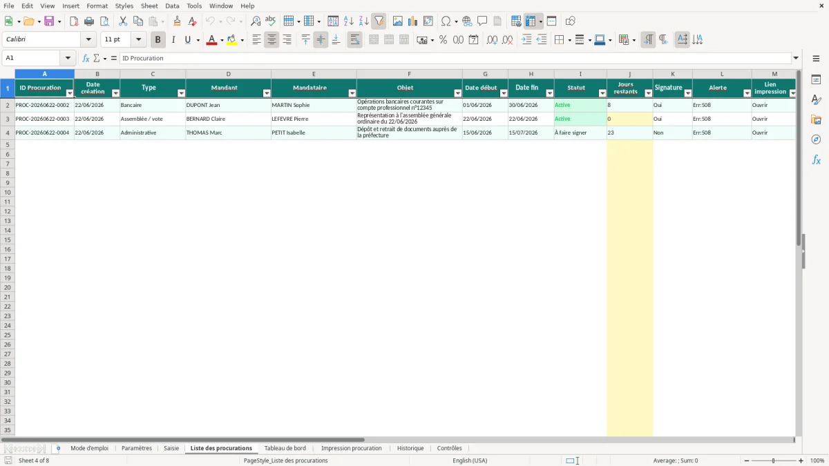 Capture d'écran 4 : Feuille Liste des procurations - Modèle Excel Procuration Excel - Modèle Gratuit (2026)