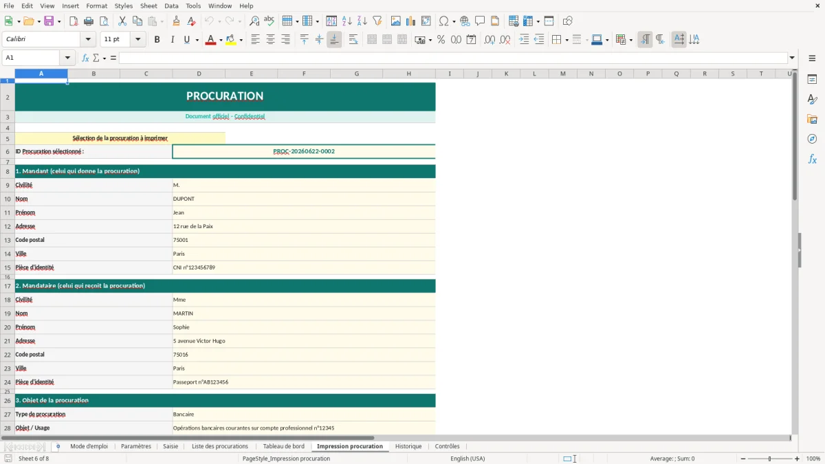 Capture d'écran 6 : Feuille Impression procuration - Modèle Excel Procuration Excel - Modèle Gratuit (2026)