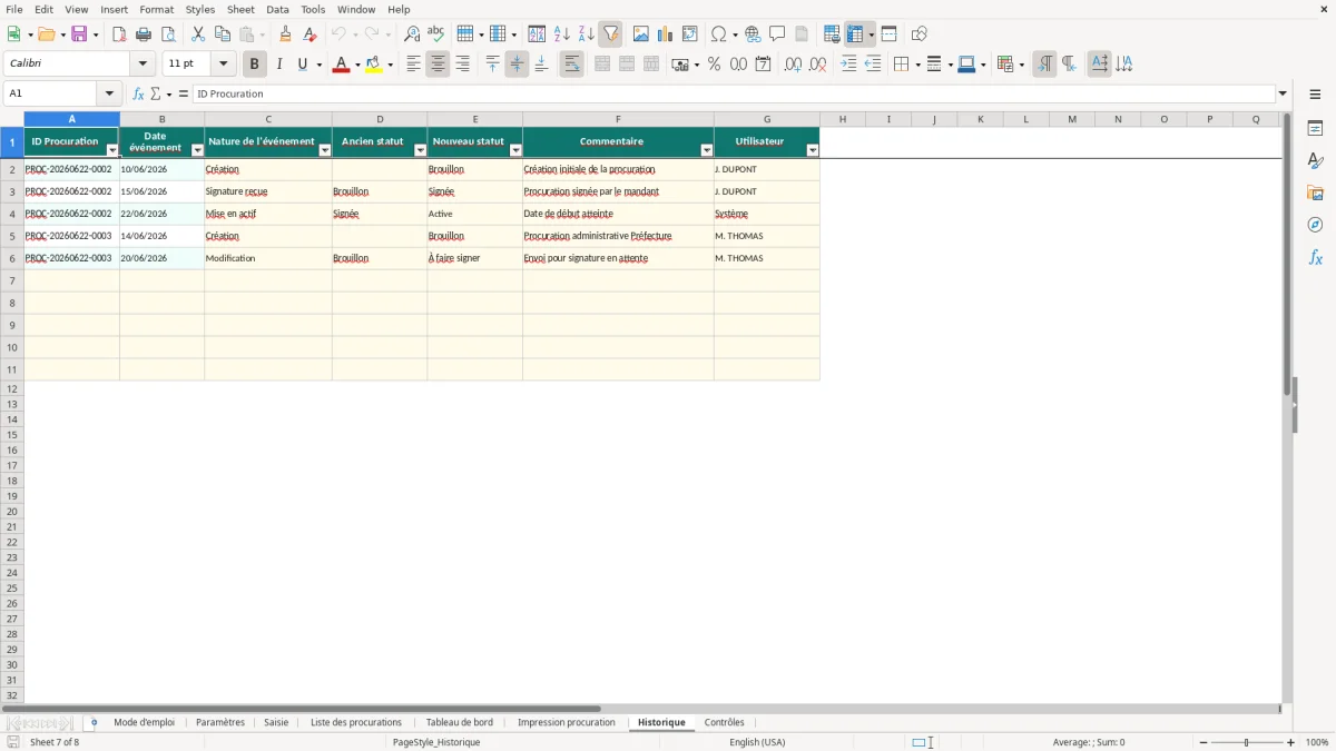 Capture d'écran 7 : Feuille Historique - Modèle Excel Procuration Excel - Modèle Gratuit (2026)