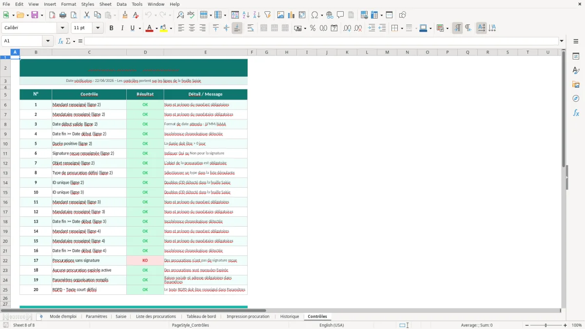 Capture d'écran 8 : Feuille Contrôles - Modèle Excel Procuration Excel - Modèle Gratuit (2026)