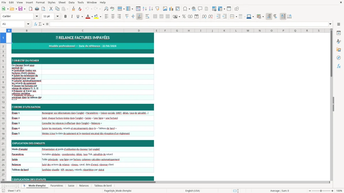 Capture d'écran 1 : Feuille Mode d'emploi - Modèle Excel Relance facture impayée Excel - Modèle Gratuit (2026)