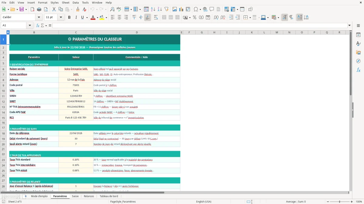 Capture d'écran 2 : Feuille Paramètres - Modèle Excel Relance facture impayée Excel - Modèle Gratuit (2026)