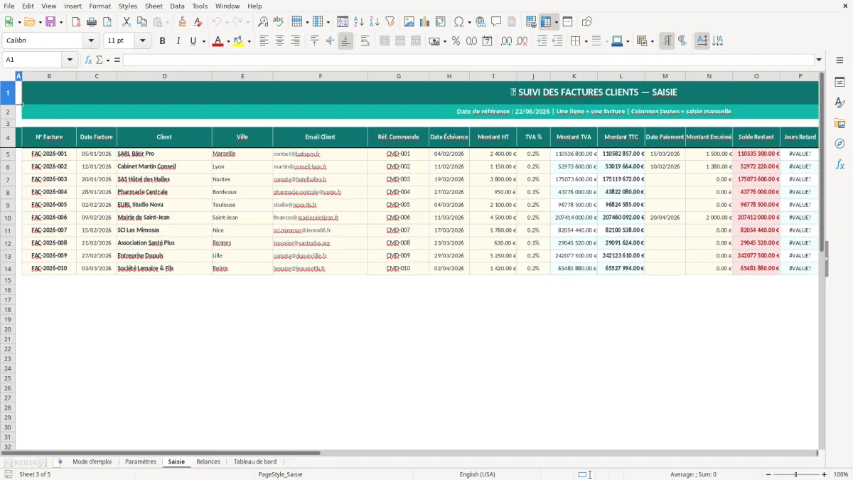 Capture d'écran 3 : Feuille Saisie - Modèle Excel Relance facture impayée Excel - Modèle Gratuit (2026)
