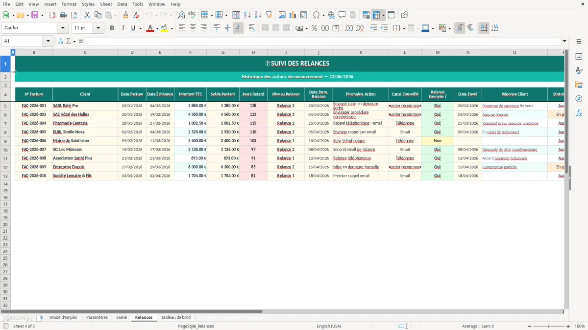 Capture d'écran 4 : Feuille Relances - Modèle Excel Relance facture impayée Excel - Modèle Gratuit (2026)