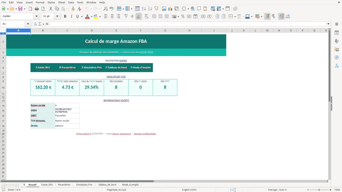 Capture d'écran 1 : Feuille Accueil - Modèle Excel calcul marge amazon FBA excel