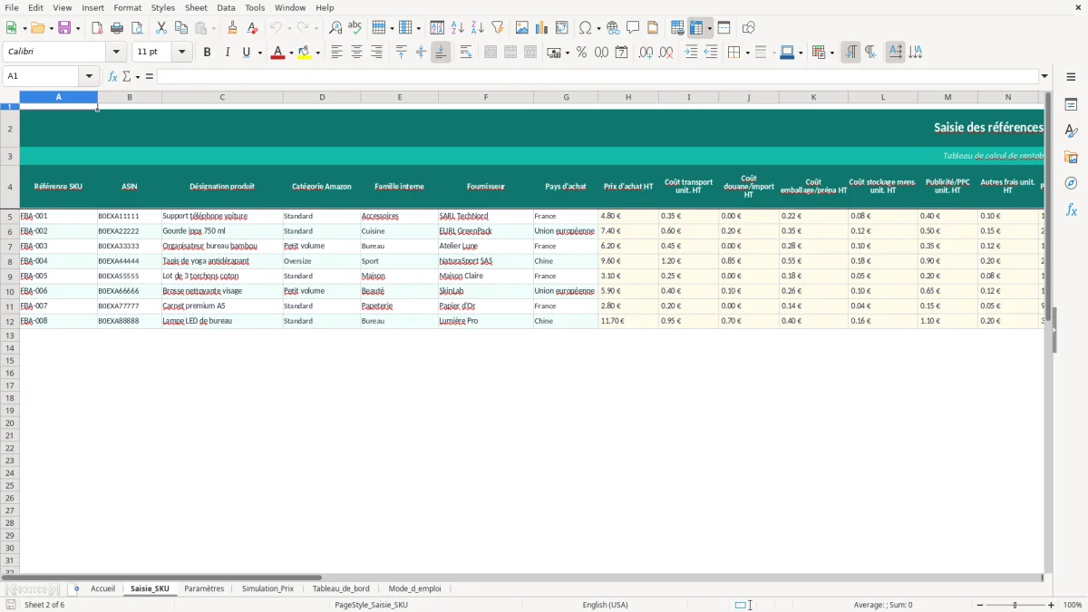 Capture d'écran 2 : Feuille Saisie_SKU - Modèle Excel calcul marge amazon FBA excel