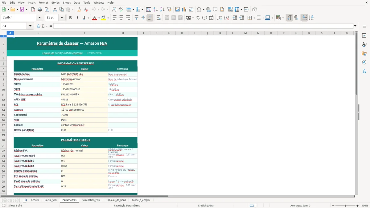 Capture d'écran 3 : Feuille Paramètres - Modèle Excel calcul marge amazon FBA excel