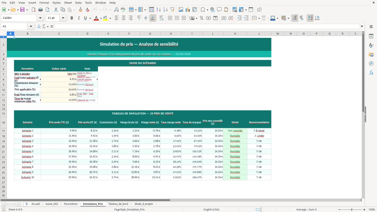 Capture d'écran 4 : Feuille Simulation_Prix - Modèle Excel calcul marge amazon FBA excel