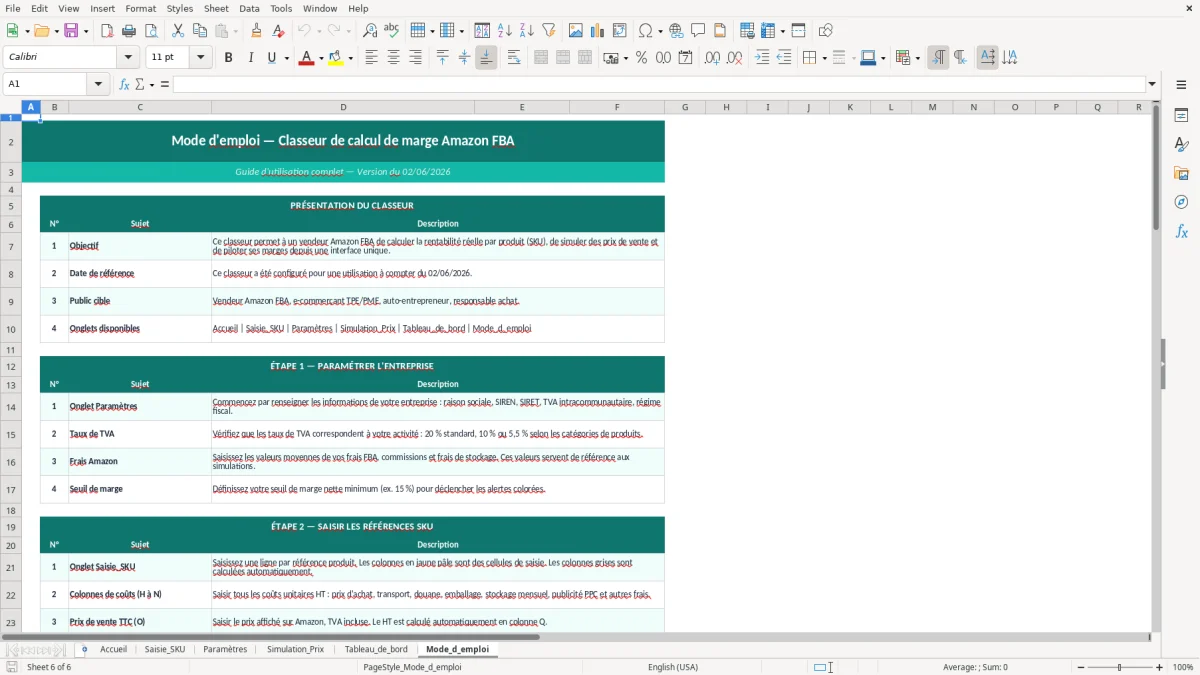 Capture d'écran 6 : Feuille Mode_d_emploi - Modèle Excel calcul marge amazon FBA excel