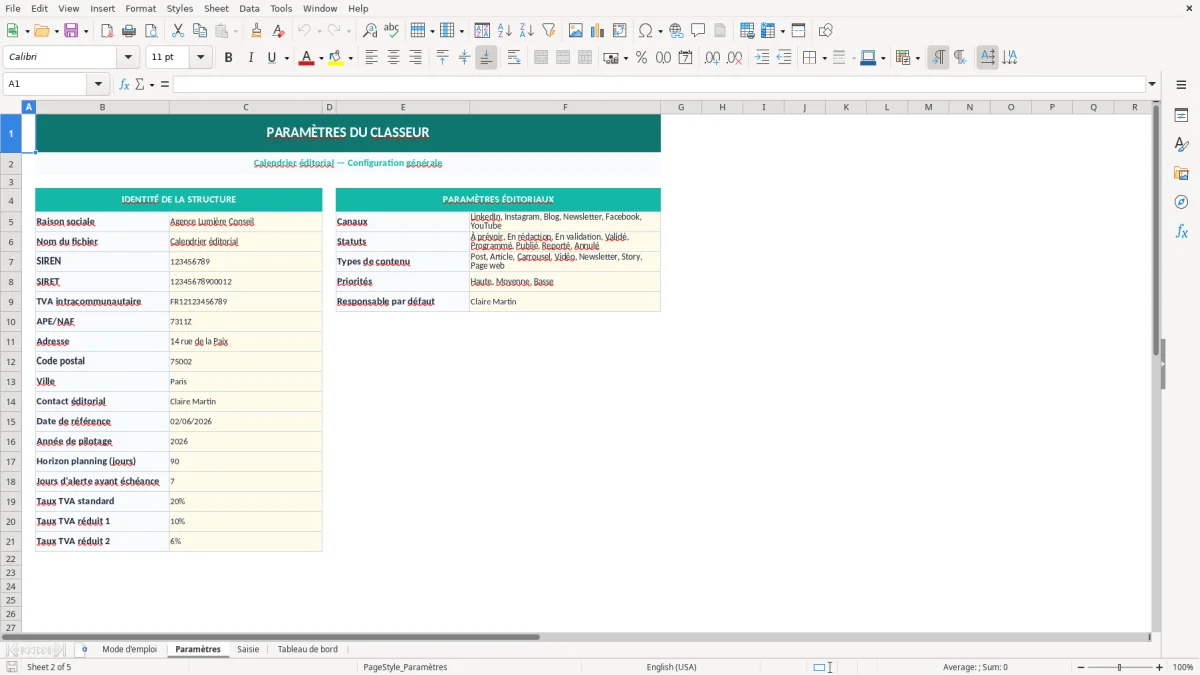 Capture d'écran 2 : Feuille Paramètres - Modèle Excel calendrier éditorial excel
