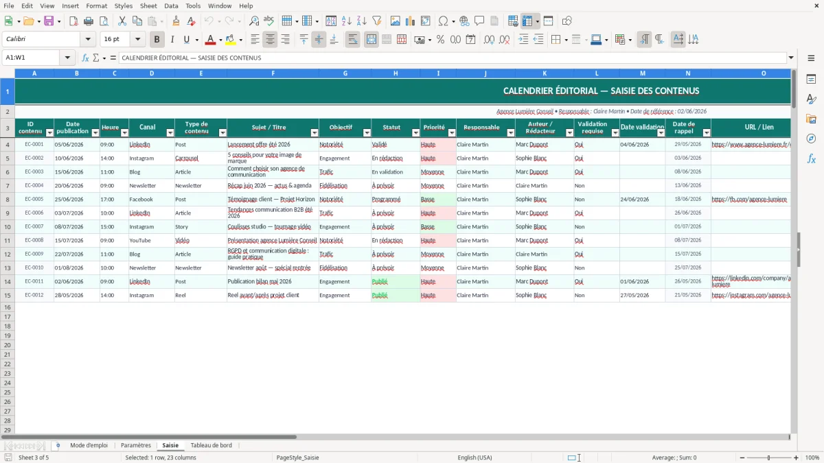 Capture d'écran 3 : Feuille Saisie - Modèle Excel calendrier éditorial excel