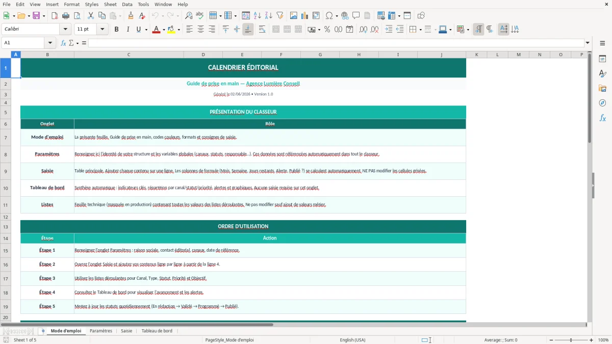 Capture d'écran 5 : Feuille Listes - Modèle Excel calendrier éditorial excel