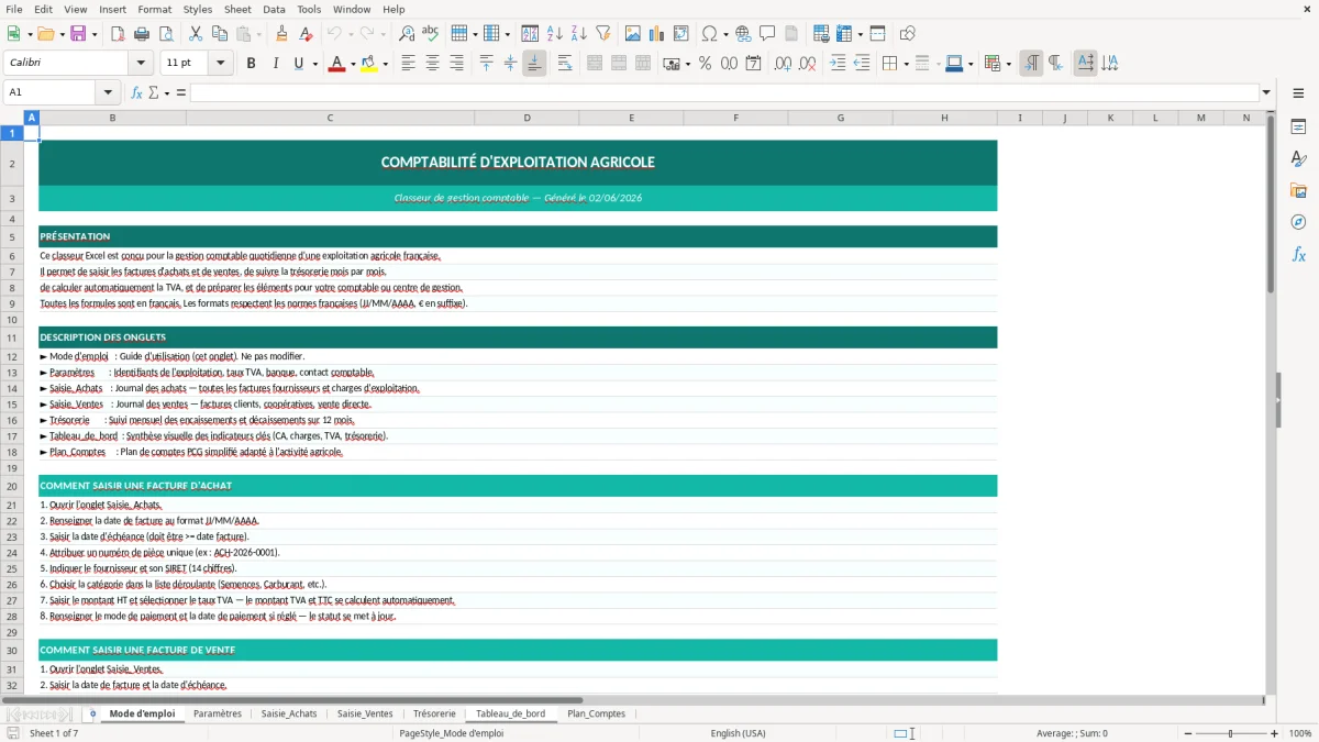 Capture d'écran 1 : Feuille Mode d'emploi - Modèle Excel comptabilité exploitation agricole excel