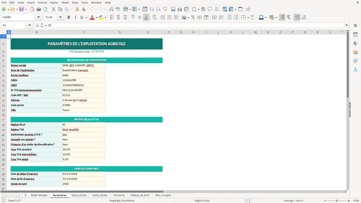 Capture d'écran 2 : Feuille Paramètres - Modèle Excel comptabilité exploitation agricole excel