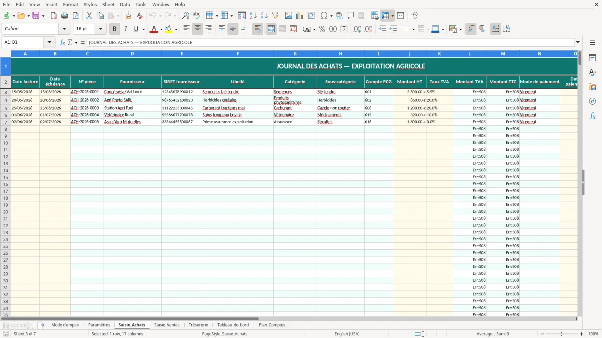 Capture d'écran 3 : Feuille Saisie_Achats - Modèle Excel comptabilité exploitation agricole excel