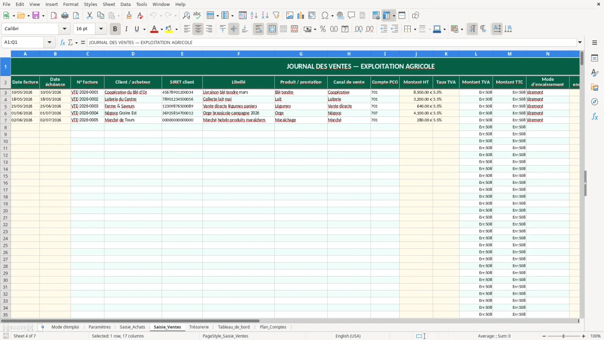 Capture d'écran 4 : Feuille Saisie_Ventes - Modèle Excel comptabilité exploitation agricole excel